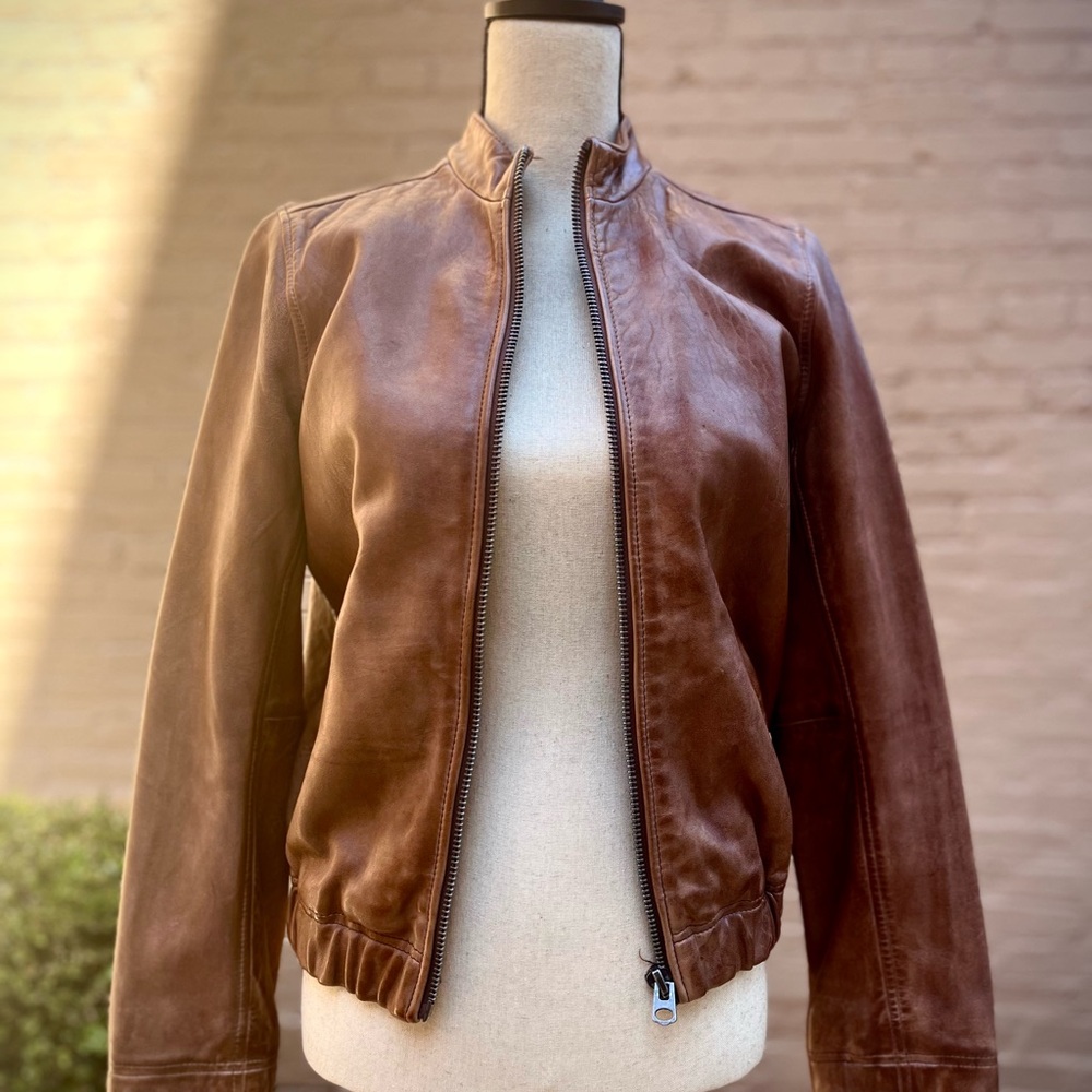 SOLD Lucky Brand ✈️ Women’s Leather Bomber Jacket • Size Small  • Moto Cognac